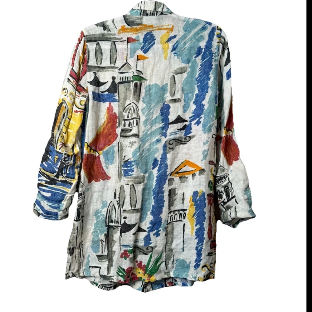 Chico's 100% Linen Multicolor Button Top Art To Wear Size 0 S L45 - Picture 2 of 6